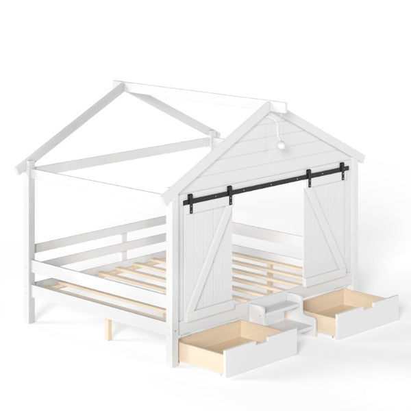 English Elm Full Size Kids Pine Wood House Bed with Barn Door Storage Drawers and Staircase White W5316S00087