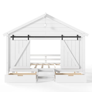 English Elm Full Size Kids Pine Wood House Bed with Barn Door Storage Drawers and Staircase White W5316S00087