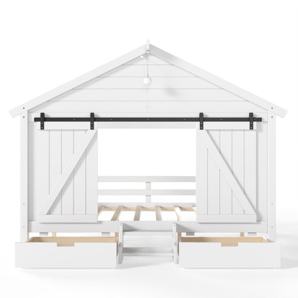 English Elm Full Size Kids Pine Wood House Bed with Barn Door Storage Drawers and Staircase White W5316S00087