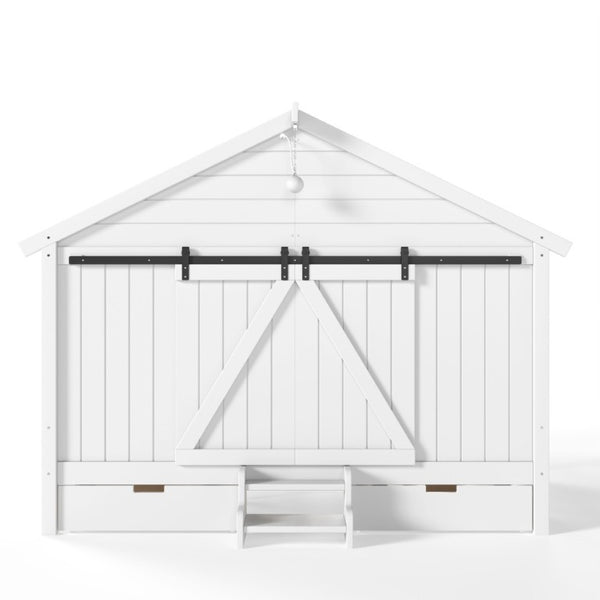 English Elm Full Size Kids Pine Wood House Bed with Barn Door Storage Drawers and Staircase White W5316S00087