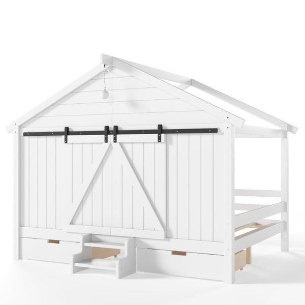 English Elm Full Size Kids Pine Wood House Bed with Barn Door Storage Drawers and Staircase White W5316S00087
