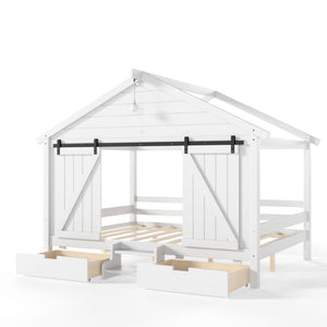 English Elm Full Size Kids Pine Wood House Bed with Barn Door Storage Drawers and Staircase White W5316S00087
