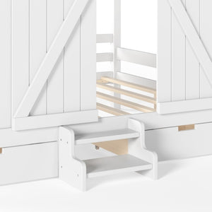 English Elm Full Size Kids Pine Wood House Bed with Barn Door Storage Drawers and Staircase White W5316S00087