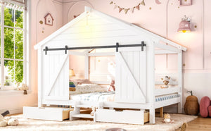 English Elm Full Size Kids Pine Wood House Bed with Barn Door Storage Drawers and Staircase White W5316S00087