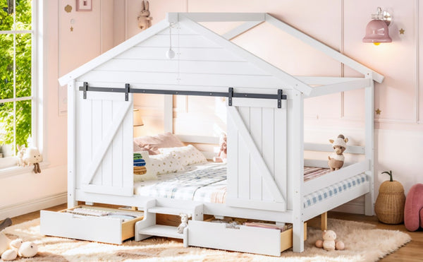 English Elm Full Size Kids Pine Wood House Bed with Barn Door Storage Drawers and Staircase White W5316S00087