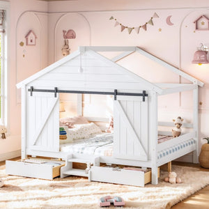 English Elm Full Size Kids Pine Wood House Bed with Barn Door Storage Drawers and Staircase White W5316S00087