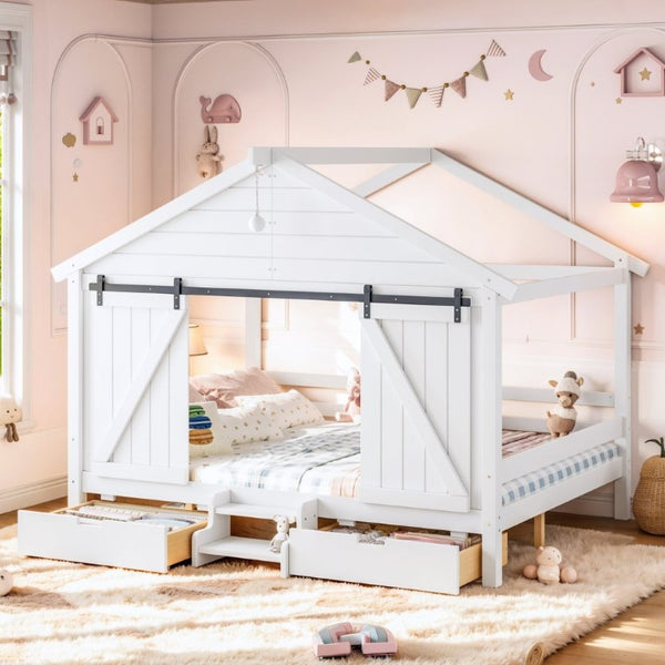 English Elm Full Size Kids Pine Wood House Bed with Barn Door Storage Drawers and Staircase White W5316S00087