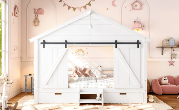 English Elm Full Size Kids Pine Wood House Bed with Barn Door Storage Drawers and Staircase White W5316S00087
