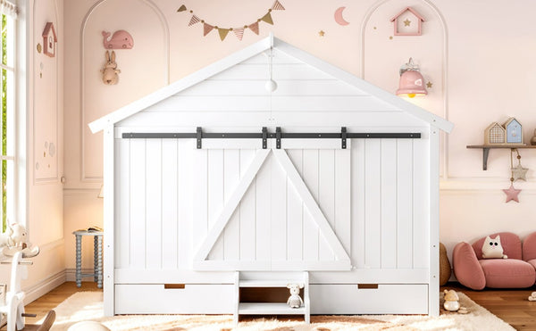 English Elm Full Size Kids Pine Wood House Bed with Barn Door Storage Drawers and Staircase White W5316S00087