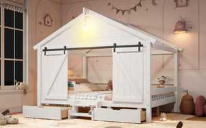English Elm Full Size Kids Pine Wood House Bed with Barn Door Storage Drawers and Staircase White W5316S00087