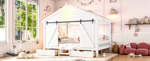English Elm Full Size Kids Pine Wood House Bed with Barn Door Storage Drawers and Staircase White W5316S00087