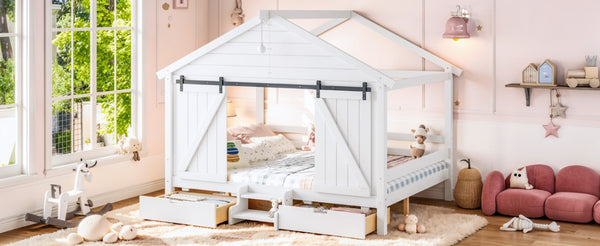 English Elm Full Size Kids Pine Wood House Bed with Barn Door Storage Drawers and Staircase White W5316S00087