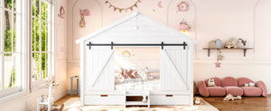 English Elm Full Size Kids Pine Wood House Bed with Barn Door Storage Drawers and Staircase White W5316S00087