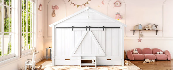 English Elm Full Size Kids Pine Wood House Bed with Barn Door Storage Drawers and Staircase White W5316S00087