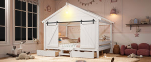 English Elm Full Size Kids Pine Wood House Bed with Barn Door Storage Drawers and Staircase White W5316S00087