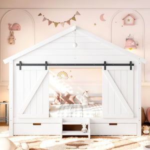 English Elm Full Size Kids Pine Wood House Bed with Barn Door Storage Drawers and Staircase White W5316S00087