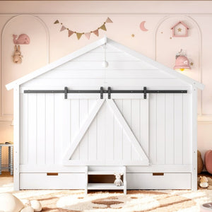 English Elm Full Size Kids Pine Wood House Bed with Barn Door Storage Drawers and Staircase White W5316S00087