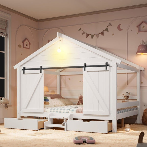 English Elm Full Size Kids Pine Wood House Bed with Barn Door Storage Drawers and Staircase White W5316S00087