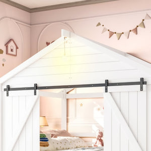 English Elm Full Size Kids Pine Wood House Bed with Barn Door Storage Drawers and Staircase White W5316S00087