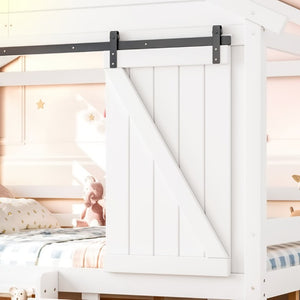 English Elm Full Size Kids Pine Wood House Bed with Barn Door Storage Drawers and Staircase White W5316S00087
