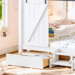 English Elm Full Size Kids Pine Wood House Bed with Barn Door Storage Drawers and Staircase White W5316S00087