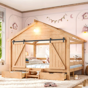 English Elm Full Size Kids Pine Wood House Bed with Barn Door Storage Drawers and Staircase Light Natural W5316S00088