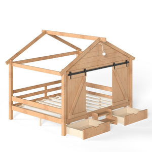 English Elm Full Size Kids Pine Wood House Bed with Barn Door Storage Drawers and Staircase Light Natural W5316S00088