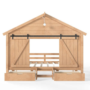 English Elm Full Size Kids Pine Wood House Bed with Barn Door Storage Drawers and Staircase Light Natural W5316S00088