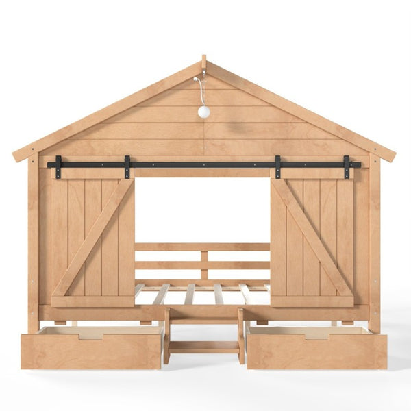 English Elm Full Size Kids Pine Wood House Bed with Barn Door Storage Drawers and Staircase Light Natural W5316S00088