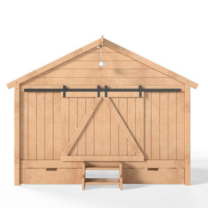 English Elm Full Size Kids Pine Wood House Bed with Barn Door Storage Drawers and Staircase Light Natural W5316S00088