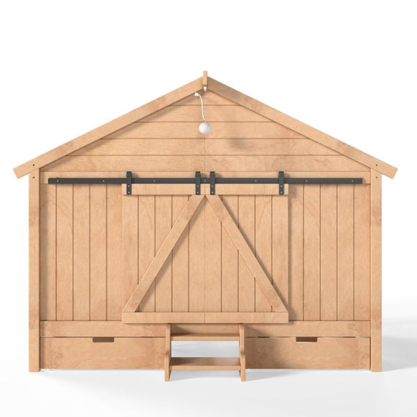 English Elm Full Size Kids Pine Wood House Bed with Barn Door Storage Drawers and Staircase Light Natural W5316S00088