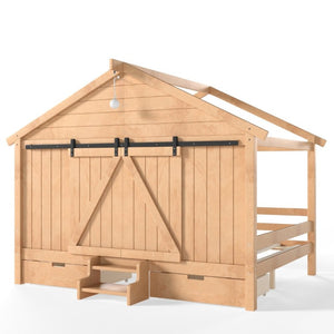 English Elm Full Size Kids Pine Wood House Bed with Barn Door Storage Drawers and Staircase Light Natural W5316S00088