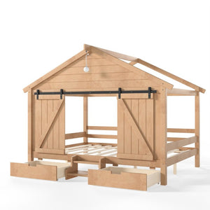 English Elm Full Size Kids Pine Wood House Bed with Barn Door Storage Drawers and Staircase Light Natural W5316S00088