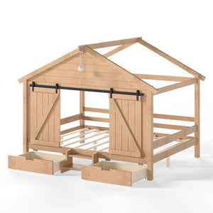 English Elm Full Size Kids Pine Wood House Bed with Barn Door Storage Drawers and Staircase Light Natural W5316S00088