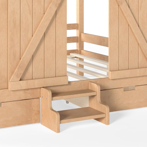 English Elm Full Size Kids Pine Wood House Bed with Barn Door Storage Drawers and Staircase Light Natural W5316S00088