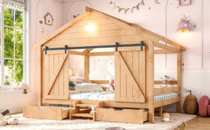 English Elm Full Size Kids Pine Wood House Bed with Barn Door Storage Drawers and Staircase Light Natural W5316S00088