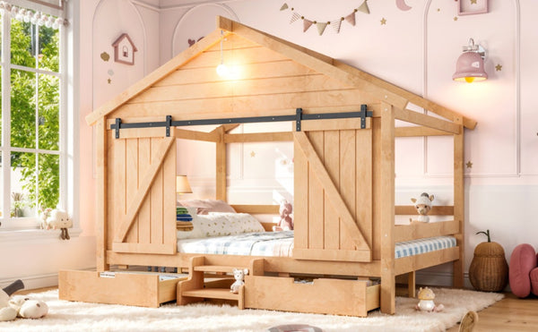 English Elm Full Size Kids Pine Wood House Bed with Barn Door Storage Drawers and Staircase Light Natural W5316S00088