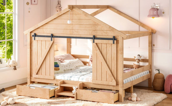 English Elm Full Size Kids Pine Wood House Bed with Barn Door Storage Drawers and Staircase Light Natural W5316S00088