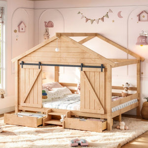English Elm Full Size Kids Pine Wood House Bed with Barn Door Storage Drawers and Staircase Light Natural W5316S00088