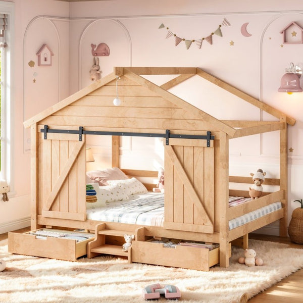 English Elm Full Size Kids Pine Wood House Bed with Barn Door Storage Drawers and Staircase Light Natural W5316S00088