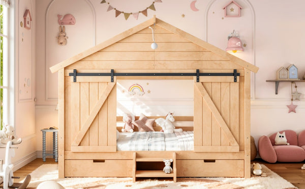 English Elm Full Size Kids Pine Wood House Bed with Barn Door Storage Drawers and Staircase Light Natural W5316S00088