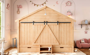 English Elm Full Size Kids Pine Wood House Bed with Barn Door Storage Drawers and Staircase Light Natural W5316S00088