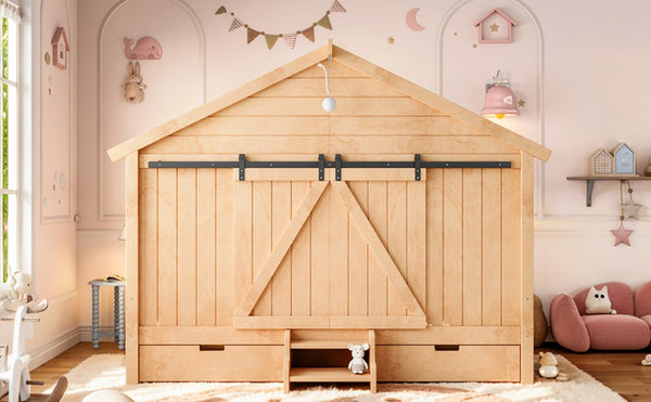 English Elm Full Size Kids Pine Wood House Bed with Barn Door Storage Drawers and Staircase Light Natural W5316S00088