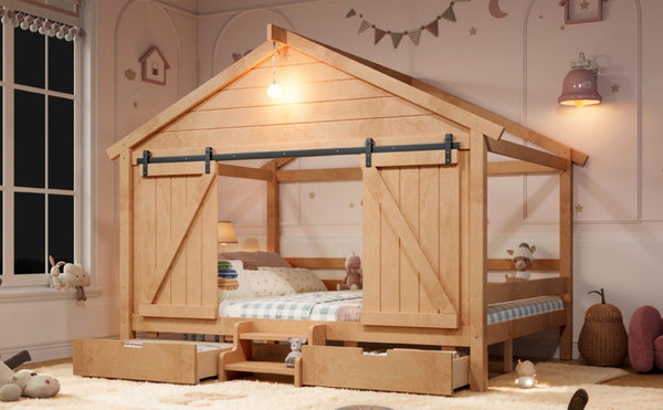 English Elm Full Size Kids Pine Wood House Bed with Barn Door Storage Drawers and Staircase Light Natural W5316S00088