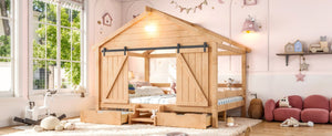 English Elm Full Size Kids Pine Wood House Bed with Barn Door Storage Drawers and Staircase Light Natural W5316S00088