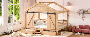 English Elm Full Size Kids Pine Wood House Bed with Barn Door Storage Drawers and Staircase Light Natural W5316S00088