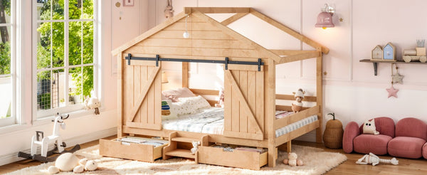 English Elm Full Size Kids Pine Wood House Bed with Barn Door Storage Drawers and Staircase Light Natural W5316S00088