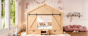 English Elm Full Size Kids Pine Wood House Bed with Barn Door Storage Drawers and Staircase Light Natural W5316S00088