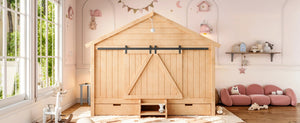 English Elm Full Size Kids Pine Wood House Bed with Barn Door Storage Drawers and Staircase Light Natural W5316S00088