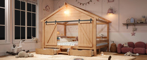 English Elm Full Size Kids Pine Wood House Bed with Barn Door Storage Drawers and Staircase Light Natural W5316S00088